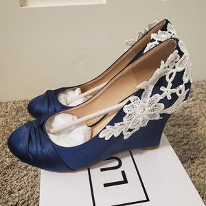 Blue Wedges with Lace Detail